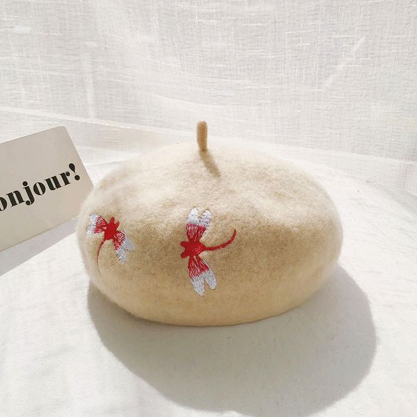 

2018 winter beret hat for girls female wool beret blend cap embroidery dragonfly hats women flat caps boinas de mujer, Blue;gray