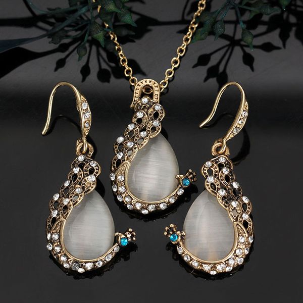 

crystal circle opal peacock water drop design jewelry sets peacocks necklace drop earrings set for women jewelry gift, Silver