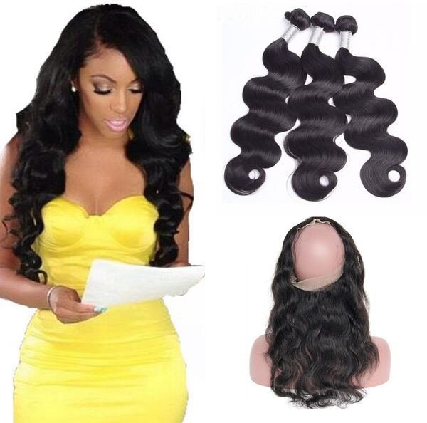 

9A Pre Plucked Brazilian Body Wave Hair Weaves With 360 Lace Band Frontal Virgin Human Hair With Bady Hair 4pcs/lot