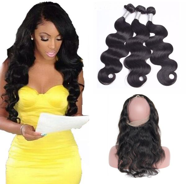 

9a pre plucked brazilian body wave hair weaves with 360 lace band frontal virgin human hair with bady hair 4pcs/lot, Black;brown