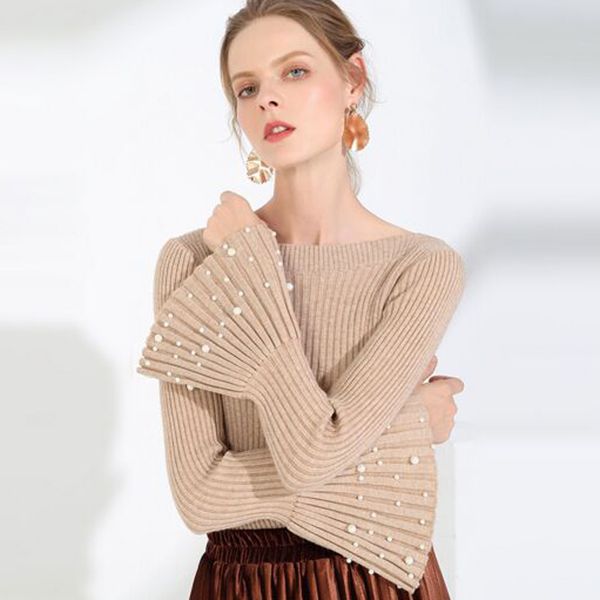 

new 2018 solid sweater women flare sleeve pearl studded beading slim pullover knitting sweater women's, White;black