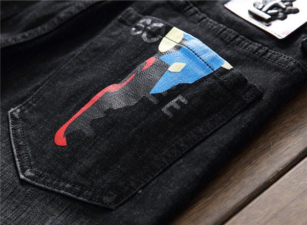 

biker ripped jeans men autumn print slim straight casual trousers hombre skinny denim pants stretch jean homme calca masculina, Blue