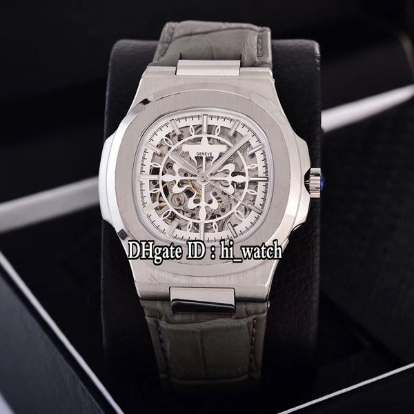

new nautilus classic 5711 silver steel case white skeleton big logo asia 2813 automatic mens watch gray leather watches 6 colos cool p307b2, Slivery;brown