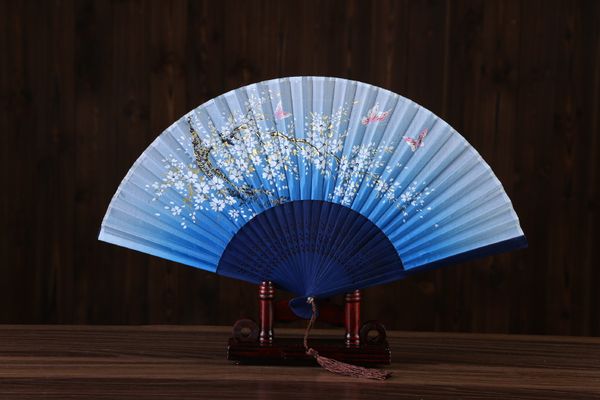 Fãs de seda de estilo chinês rosa para casamentos FLORE IMPRESSO FLOREFL BORTERFLY MOLHADE DE MOLHADA DA dança de casamento espanhola adereços com borlas