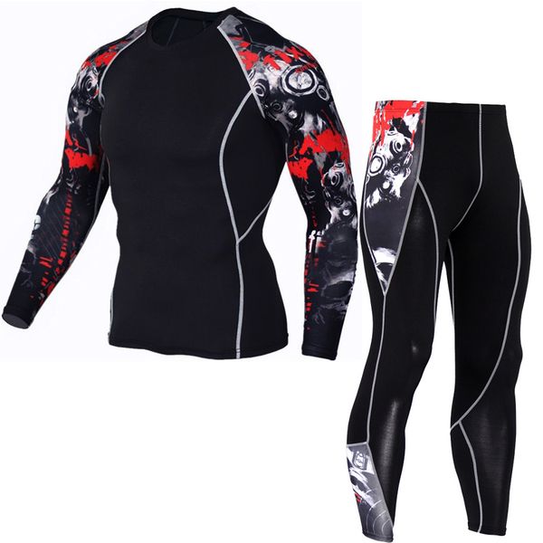 

wholesale- new men sport compression running set men gym fitness jogging sport tights suits quick dry long t shirt and pants two piece set, Black;blue