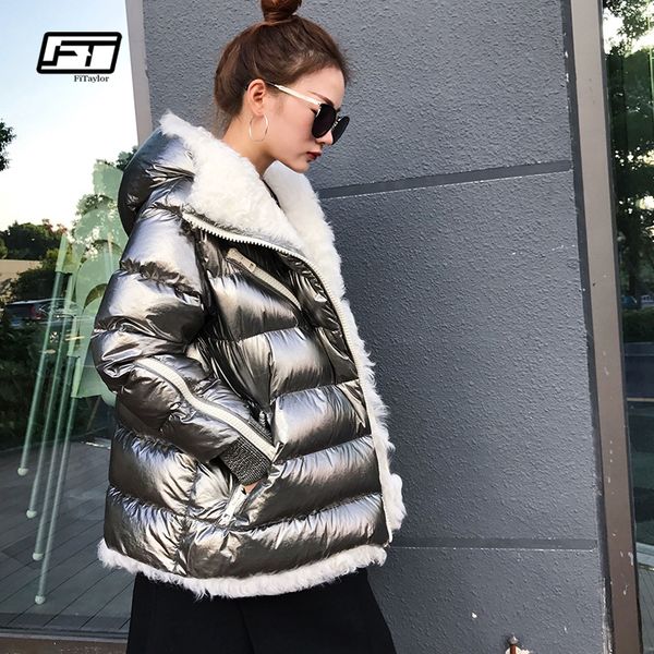 

women's down & parkas winter women white duck parka lamb fur hooded coat female warm patchwork overcoat silver outwear, Black