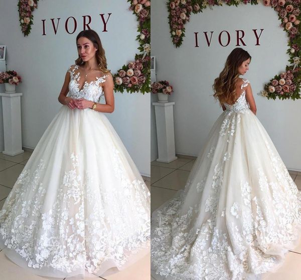 

new ivory applique lace wedding dresses sheer jewel cap sleeves backless wedding gowns vestido de novia bridal dress custom made, White