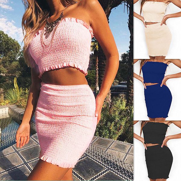 

2018 skirt europe and the united states beach strapless shoulder two piece dress women dress set, White
