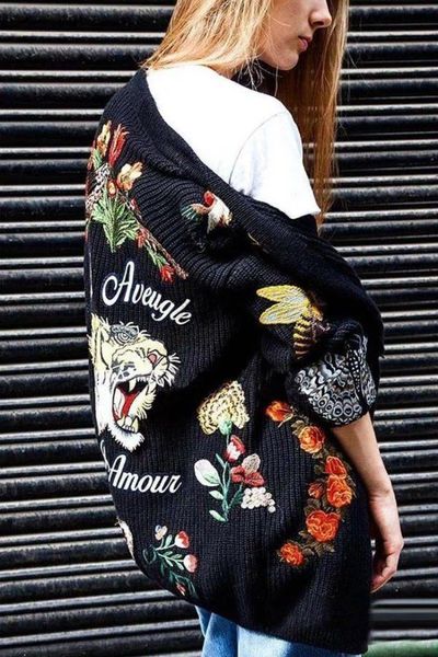 

occident fashion knitted embroidery tiger flowers oversize cardigan sweater coat jumper d15, White;black