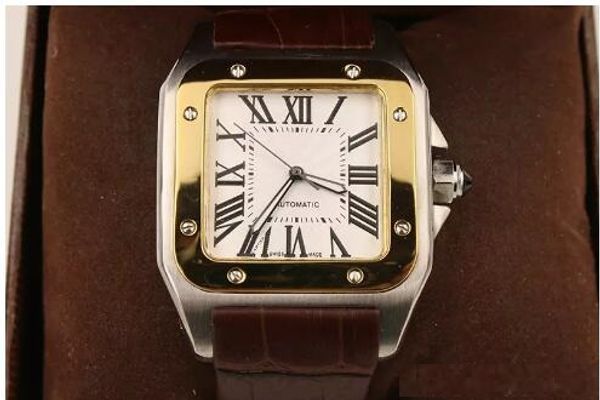 

Новые роскошные мужские два тона 100 XL часы автоматические механические часы коричневый кожаный золотой кейс мужские спортивные оригинальные застежка наручные часы