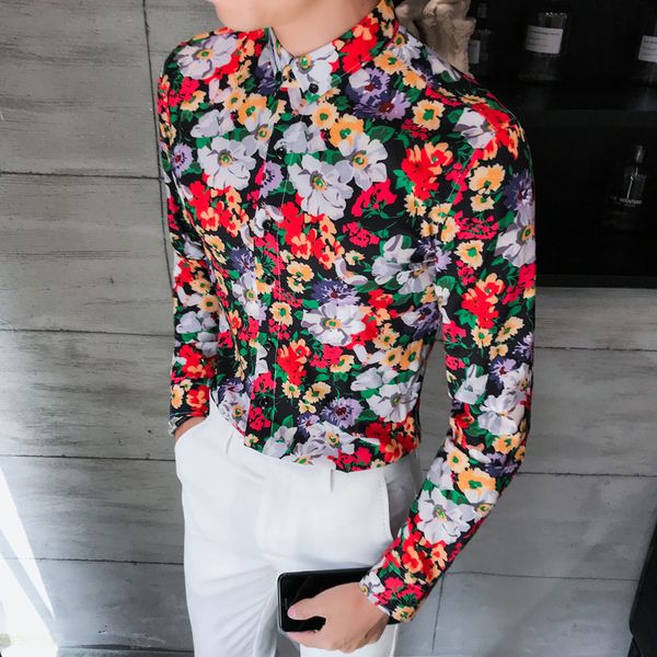 

men's casual slim fit shirt full floral printed long sleeve new 2018 fancy streetwear clothes mens tuxedo shirts camisa masulina, White;black