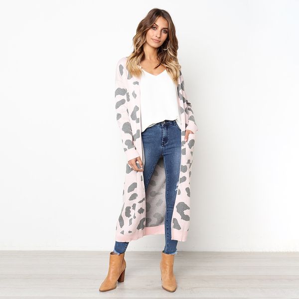 

leapord print sweater women cardigan autumn winter long sleeve knitted outwear casual loose long sweater jacket streetwear, White;black