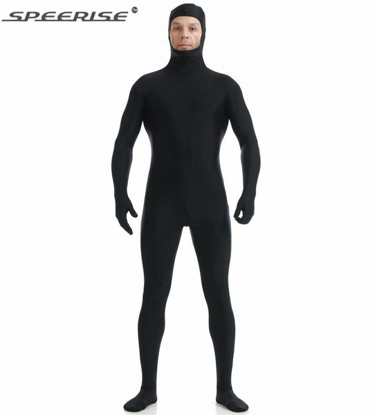 

speerise mens lycra spandex long sleeve footed open face hood mask zentai unitard full body suit with hands head, Black