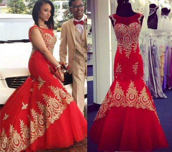 

mermaid prom dresses plus size dubai red tulle couple dress sheer neck gold lace appliques beaded evening gowns, Black