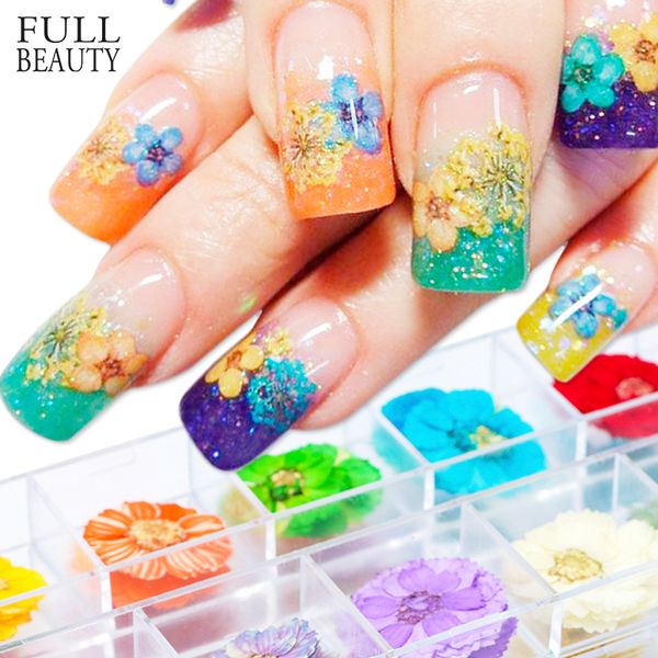 

3d nail art dried flower mixed preserved daisy babysbreath natural sticker diy manicure nail art decorations 12 color/box chfl, Silver;gold