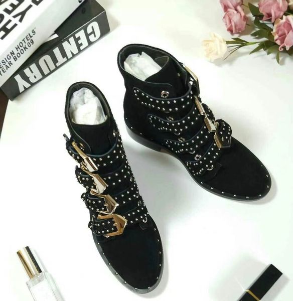 

spring&fall lined susanna studded leather buckle ankle boots for women round toe kitten heels shoes women zapatos mujer35-40, Black