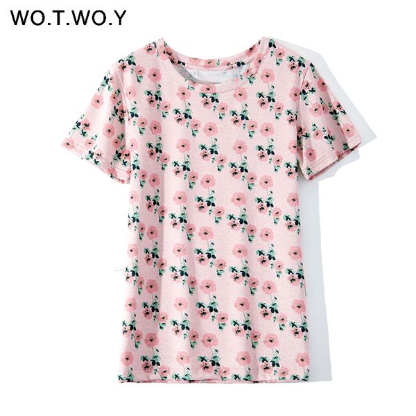 

wotwoy floral print short sleeved tshirt women shiny summer cotton t-shirt women tee shirt femme 2018 harajuku t shirt new, White