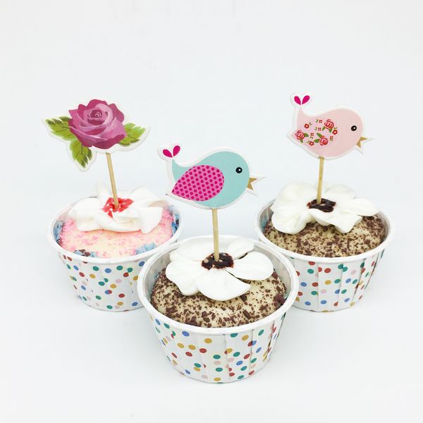 Acheter Fleur Oiseau Cupcake Topper Picks Kid Bébé Fête Danniversaire Décorations De Gâteau De Douche De Nourriture Picks Gâteau Topper Fournitures
