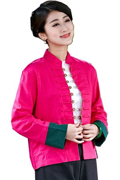 

shanghai story linen casual chinese traditional clothing woman's coins buckle jacket for women pink, Red