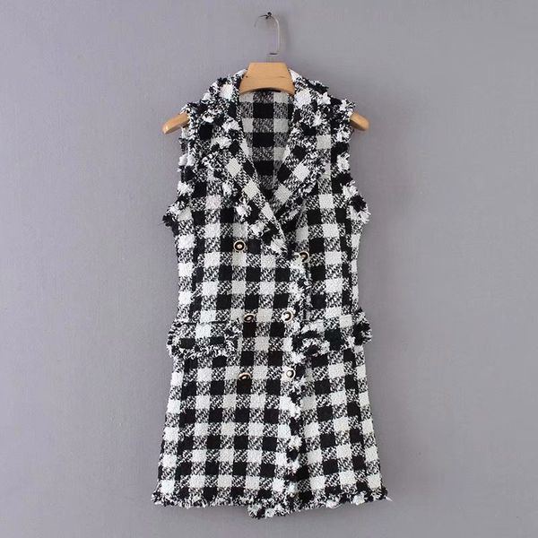 

asds women retro plaid tweed vest houndstooth waistcoat pockets sleeveless tassels jacket outerwear female long wqz53671, Black;white