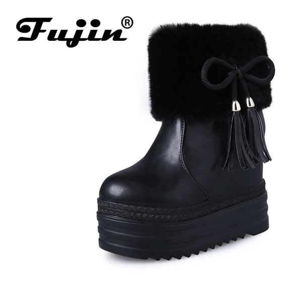 

fujin brand women ankle boots autumn winter boots keep warm zip height increasing round toe plusn winter shoes for women, Black
