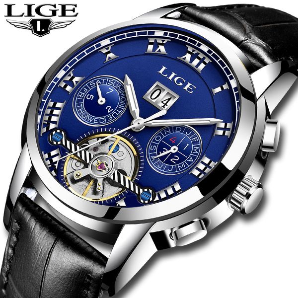 

lige mens watches clock automatic mechanical watch men casual business waterproof wrist watch relogio masculino, Slivery;brown