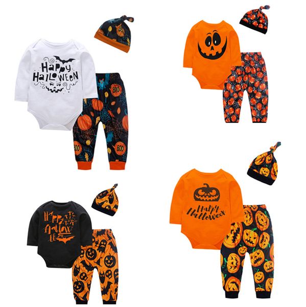 Neonato Vestiti di Halloween Set di abbigliamento per bambini intant Bambino Lettera di Halloween Pipistrelli Pagliaccetto stampato + Pantalone di zucca + Cappello 3 pezzi Set Abiti 0-24M