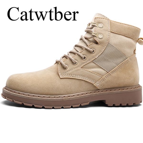 

catwtber men's ankle boots chukka cotton-padded boots winter leather warm outdoor safety work shoes lace-up high-footwear, Black
