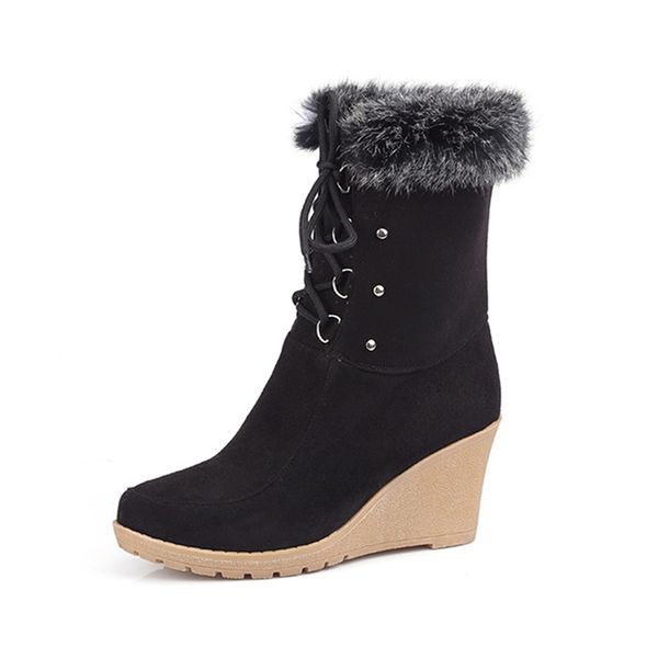 

2020 fashion lace up half knee high boots high heels wedges spring autumn shoes rabbit fur uppers platform lace up winter boots, Black