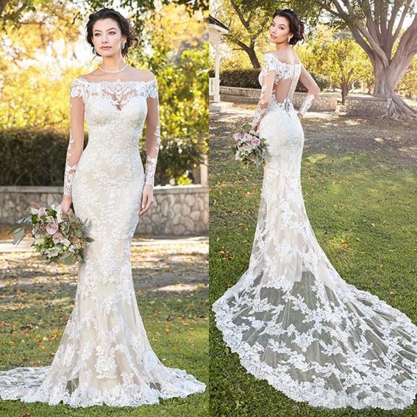 

полный кружева русалка свадебные платья vestios de marriage 2019 новый дизайн на заказ аппликация с открытыми плечами с длинным рукавом свад, White