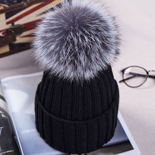

10cm Fur Ball Pom poms winter hat for women girls knitted wool beanies caps thick female cap casual Women's Fur gorros hats