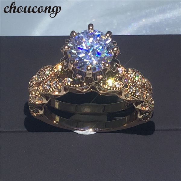 Choucong vintage anel rosa ouro enchido casamento anéis de banda de casamento definido para mulheres homens redondos 3ct diaMonique CZ jóias