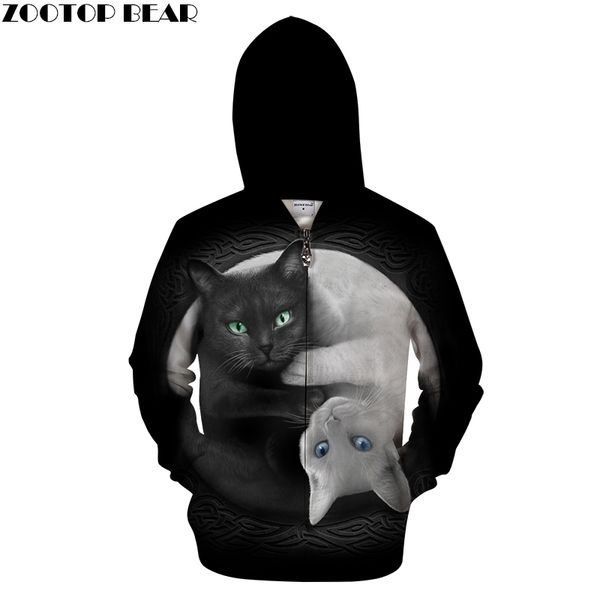

yin&yang cat 3d zip hoodie men zipper hoody casual sweatshirt printed tracksuits pullover moletom coat groot dropship zooear, Black