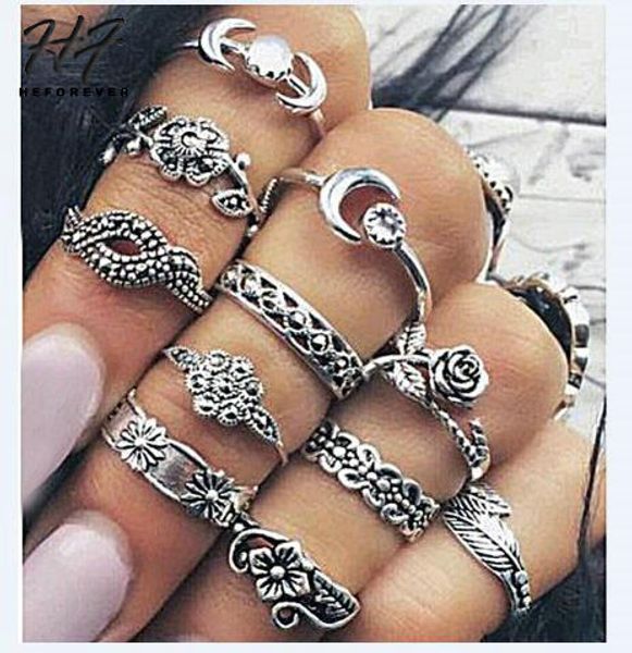 

vintage midi rings set for women ladies ancient silver color zircon waveing leaf rose totem 11 pcs knuckle rings fashion jewelry, Golden;silver
