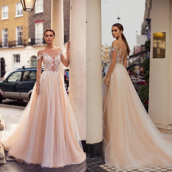 Discount Milva Nova A Line Wedding Dresses Sheer Neck Applique