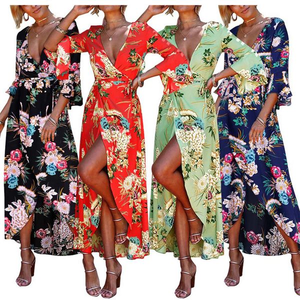 

сплит длинные платья женщины sexy v шеи праздник дамы maxi long summer beach цветочные печати dress flare рукавом bohemia dress, Black;gray