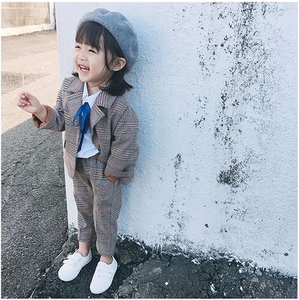 

girls' suits british plaid suits autumn dress new children's clothes, White