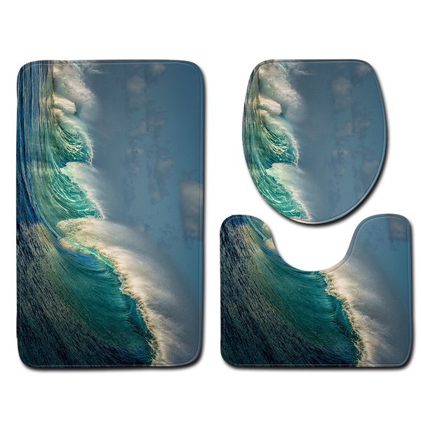 

3pcs bath mat set 3d ocean wave modern anti slip bathroom rug and toilet mat sets