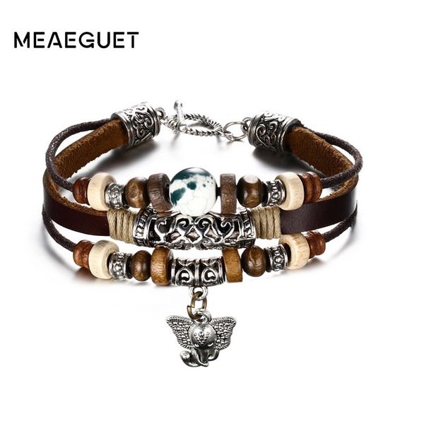 

vantage brown color genuine leather bracelet wood beads alloy elephant iq toggle clasps punk causal male friend gifts, Golden;silver