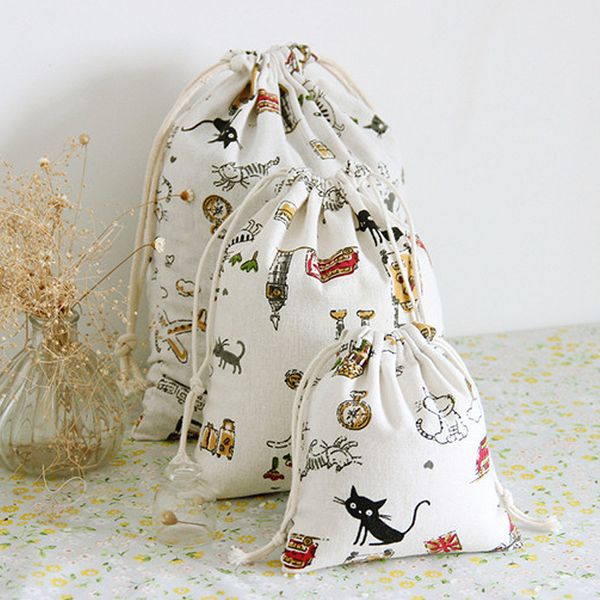 

in stockdhl- christmas gift bag cotton linen canvas drawstring sack bags with xmas a little black cat and house for gifts candy