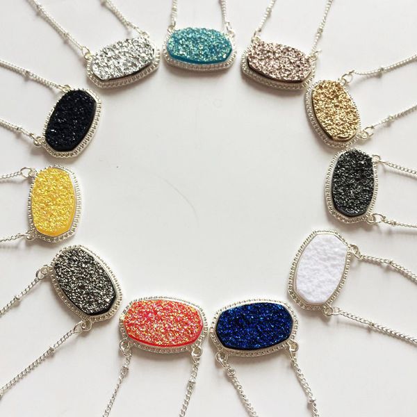 

10 colors natural crystal pendant oval dainty druzy drusy necklace gemstone chakra kendra necklace jewelry for women girls dhl h633r, Silver