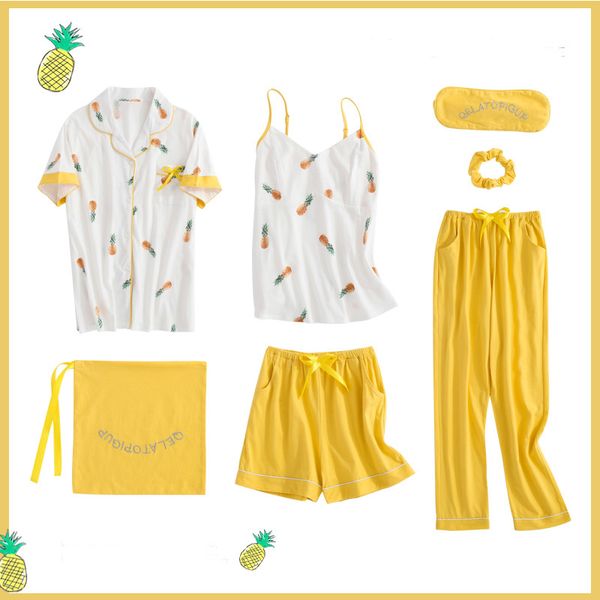 

women's 7 pieces pajamas sets fruit print satin silk lingerie homewear sleepwear pyjamas set for woman autumn winter pijamas, Blue;gray