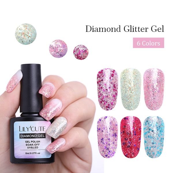 

lilycute 8ml nail gel polish diamond glitter sequins uv led soak off bling nail art gel varnish decoration, Red;pink