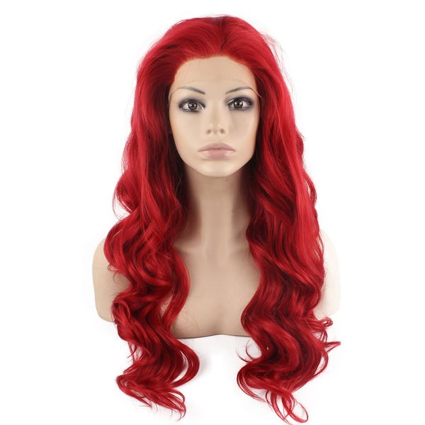 

long wavy red heat friendly natural lace front synthetic wig, Black