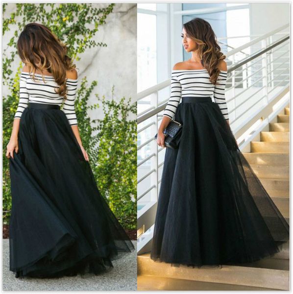 

Woman Off Shoulder Slash Neck Striped Wedding Sheer Mesh Panelled Ball Gown Prom Cocktail Party Evening Long Maxi Dress Clubwear Dresses