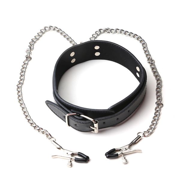 Bondage Black Restraint Slave Costume Leather Neck CollarMetal Chain Clip Shack Kit #R87