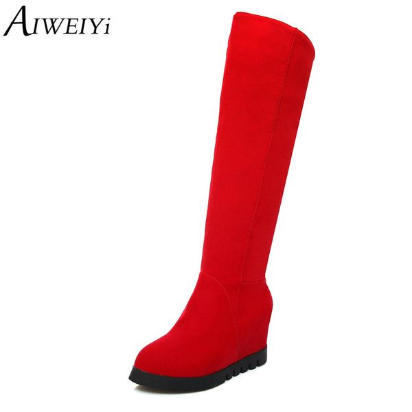 

aiweiyi flock knee-high boots for women side zip motorcycle boots round toe high heels wedges shoes winter shoes woman, Black