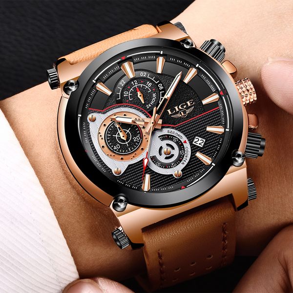 

2018 lige mens watches big dial quartz watch men casual leather chronograph sport watches relogio masculino, Slivery;brown