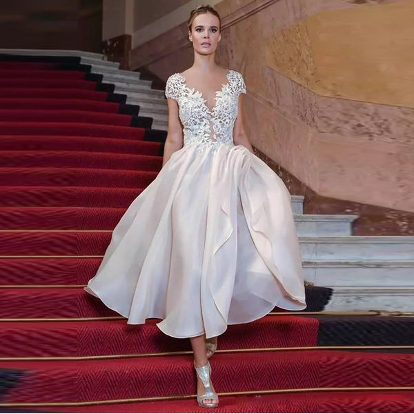

stylish tea length a-line prom dresses v-neck short sleeve appliques organza evening party gowns pick-ups short prom wear, Black
