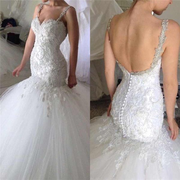 

vintage mermaid backless wedding dresses lace appliques luxury spaghetti neck bridal gowns new fashion wedding dress, White
